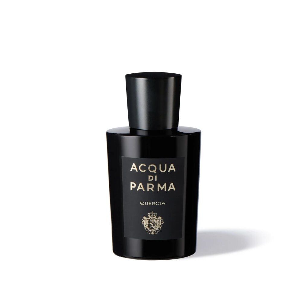 Schwarze Flasche mit Aufschrift: Acqua di Parma Quercia.