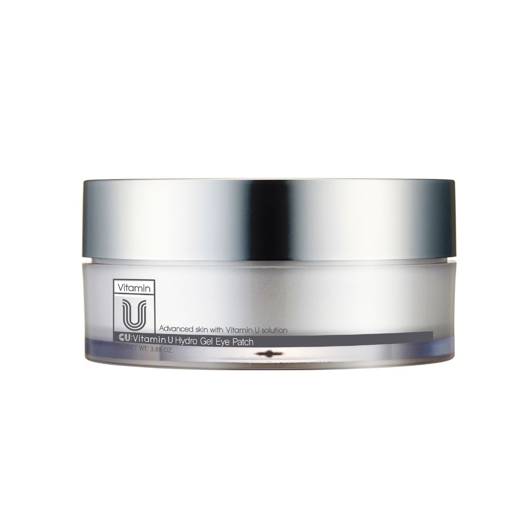 Runde, silberne Dose mit Deckel. Aufschrift: Vitamin U, CU Vitamin U Hydro Gel Eye Patch.