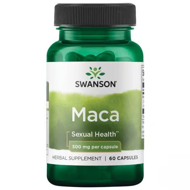 Grüne Flasche mit schwarzen Deckel. Etikett mit "SWANSON Maca", "500 mg per capsule" und "60 capsules".