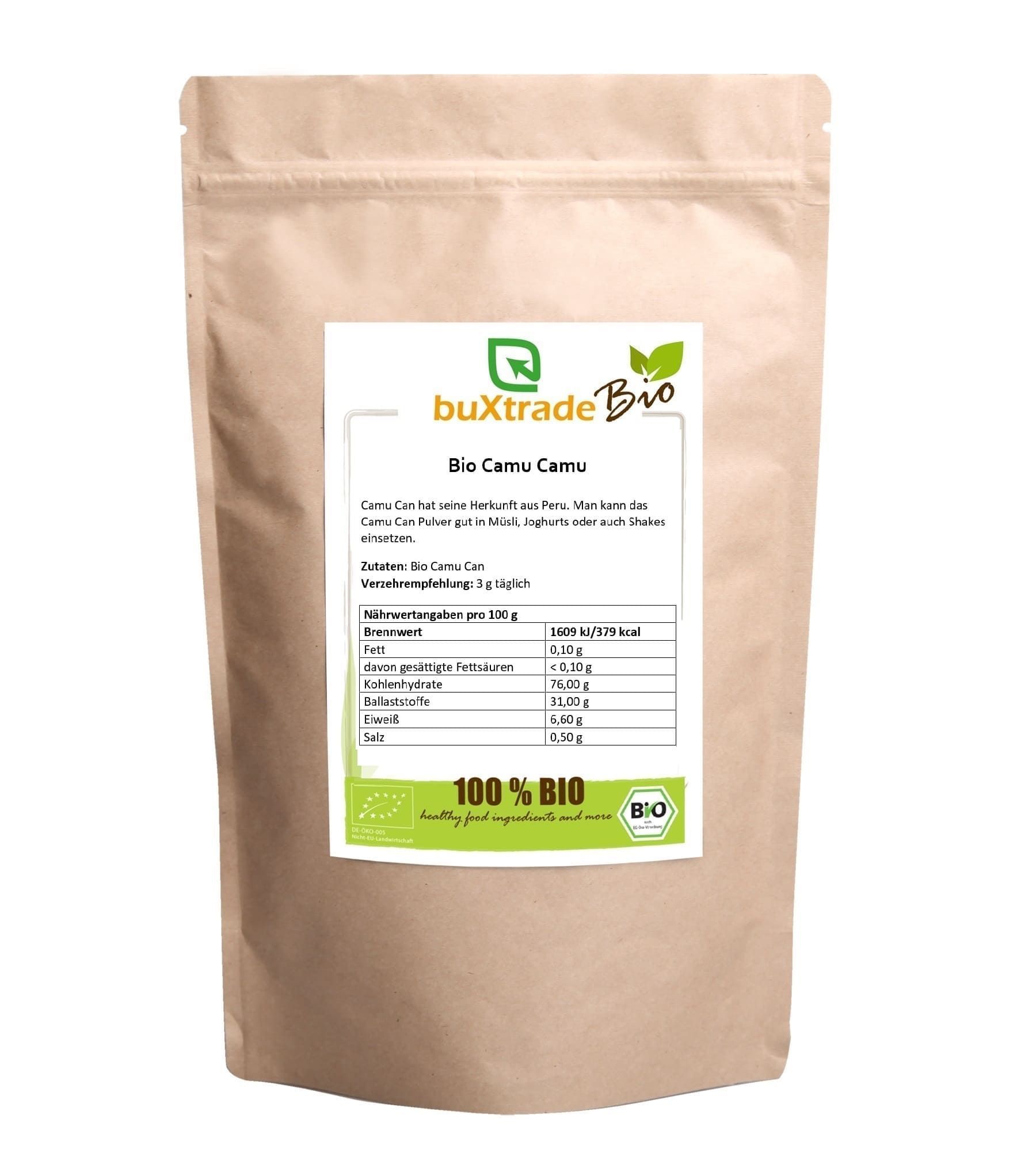 Beutel mit "buXtrade Bio Camu Camu" Pulver. Aufdruck mit Nährwertangaben und Bio-Siegel. Braune Papierverpackung.