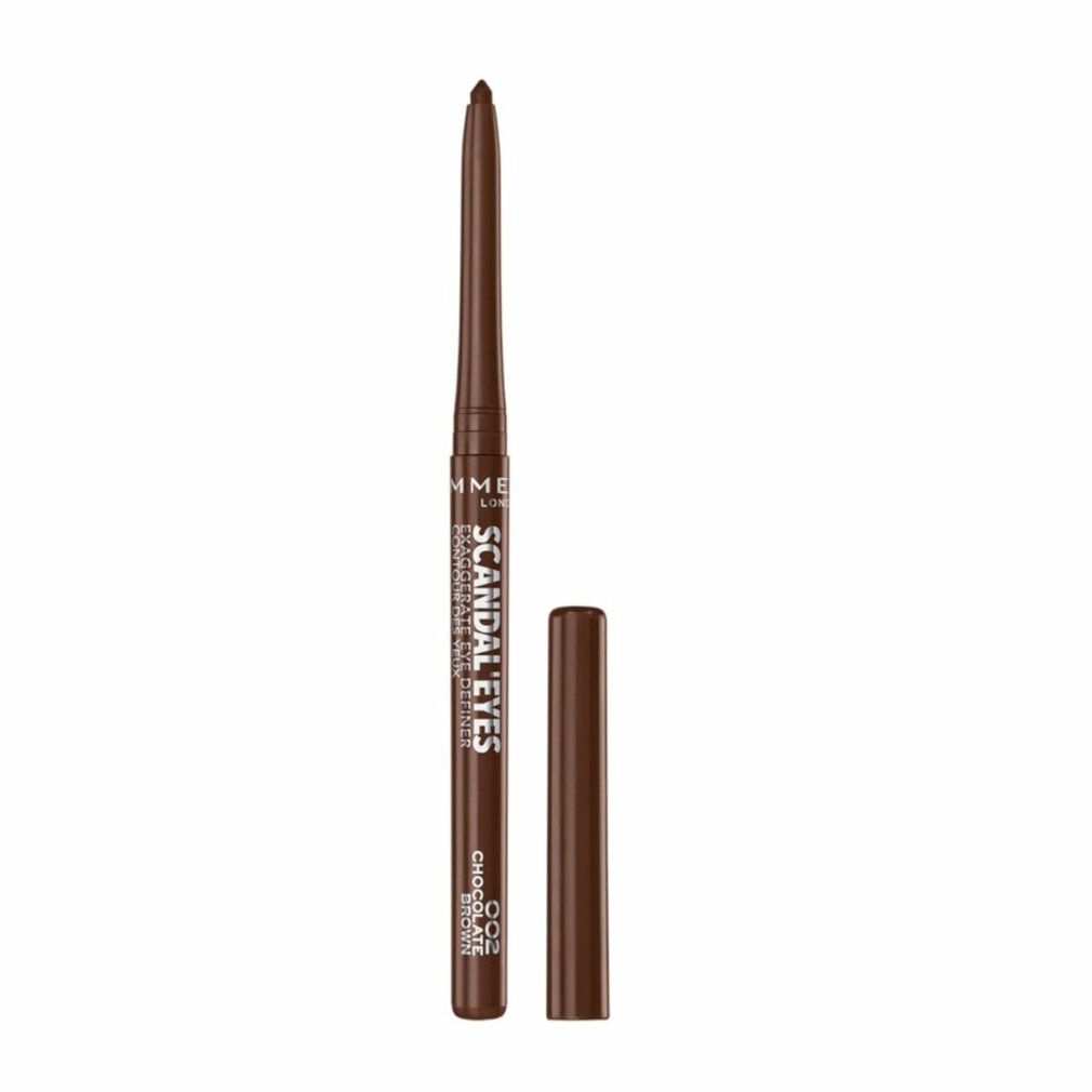 Brauner Eyeliner mit abgenommenem Deckel. Auf dem Stift steht "SCANDAL EYES" und "CHOCOLATE BROWN".