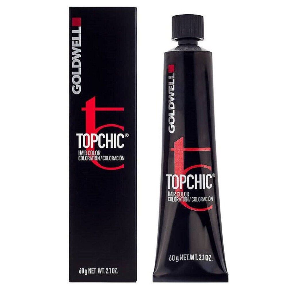 Goldwell Topchic Haarfärbemittel. Schwarze Tube und Schachtel. Produktname und "HAIR COLORATION / COLORACIÓN". 60g NET WT. 2.1OZ.