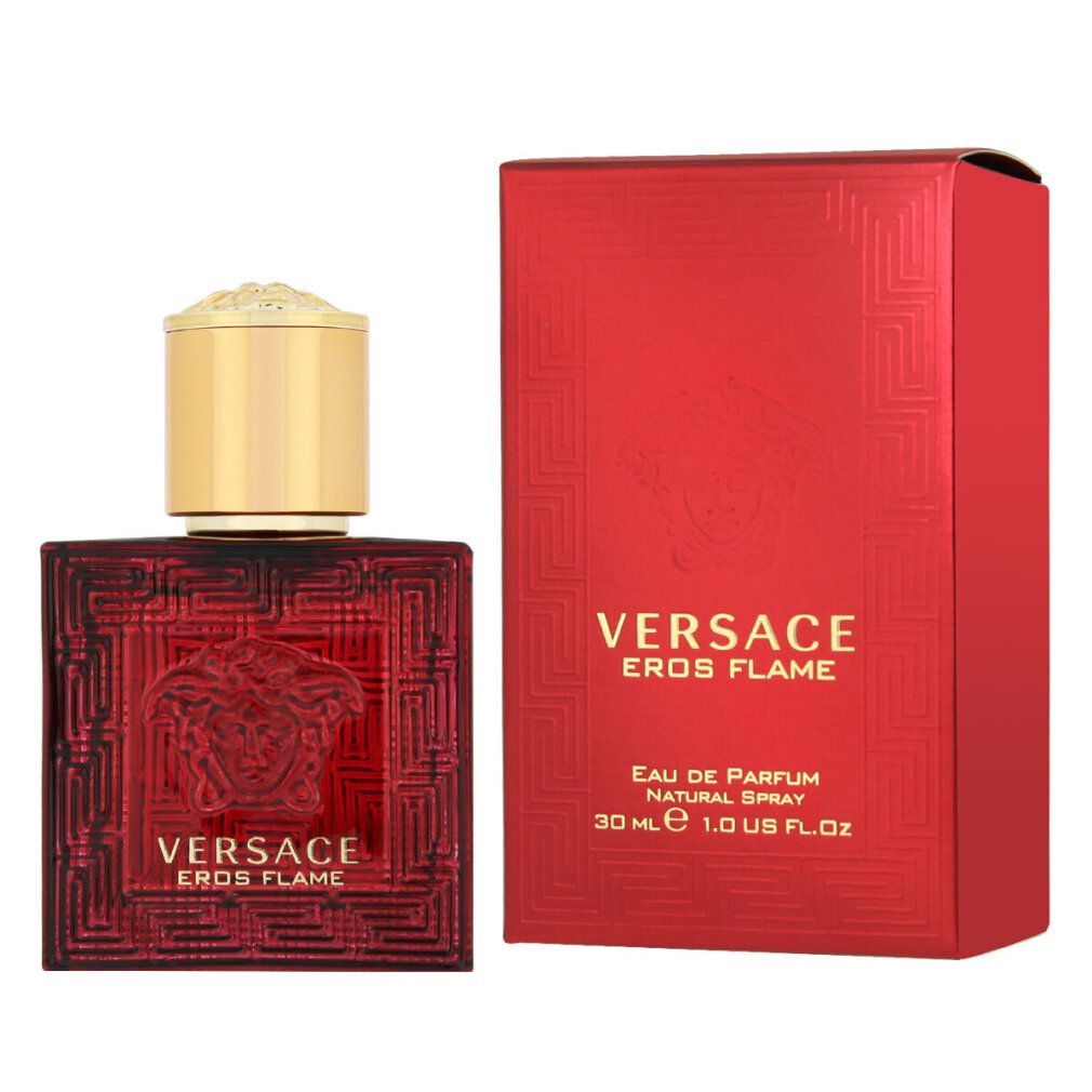 Rotes Versace Eros Flame Eau de Parfum Flakon und Verpackung. Quadratische Form, goldener Deckel, geprägt mit Logo.