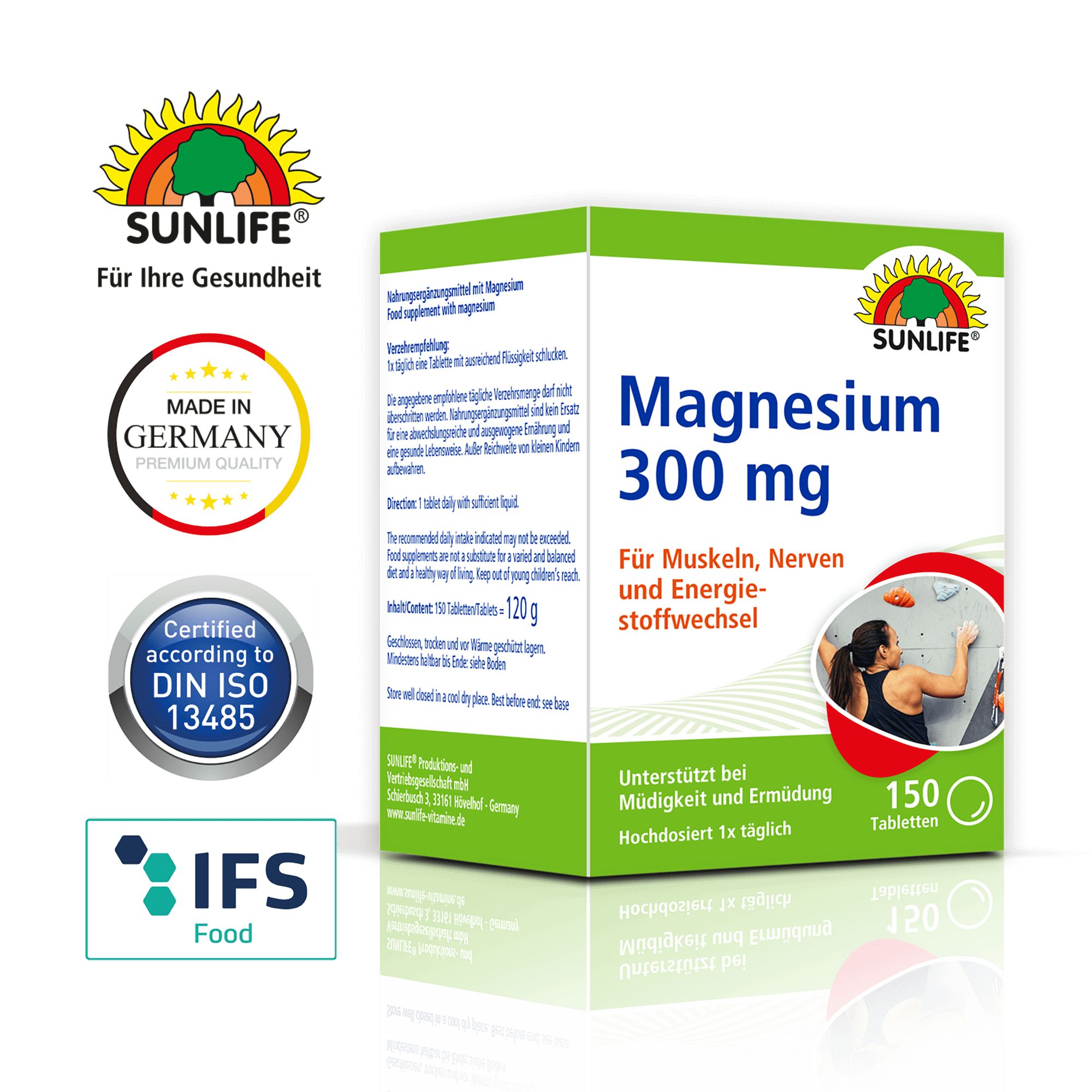 Sunlife Magnesium 300 Tabletten. Verpackung mit 150 Tabletten. Aufschrift: Magnesium 300 mg. Für Muskeln, Nerven und Energiestoffwechsel.