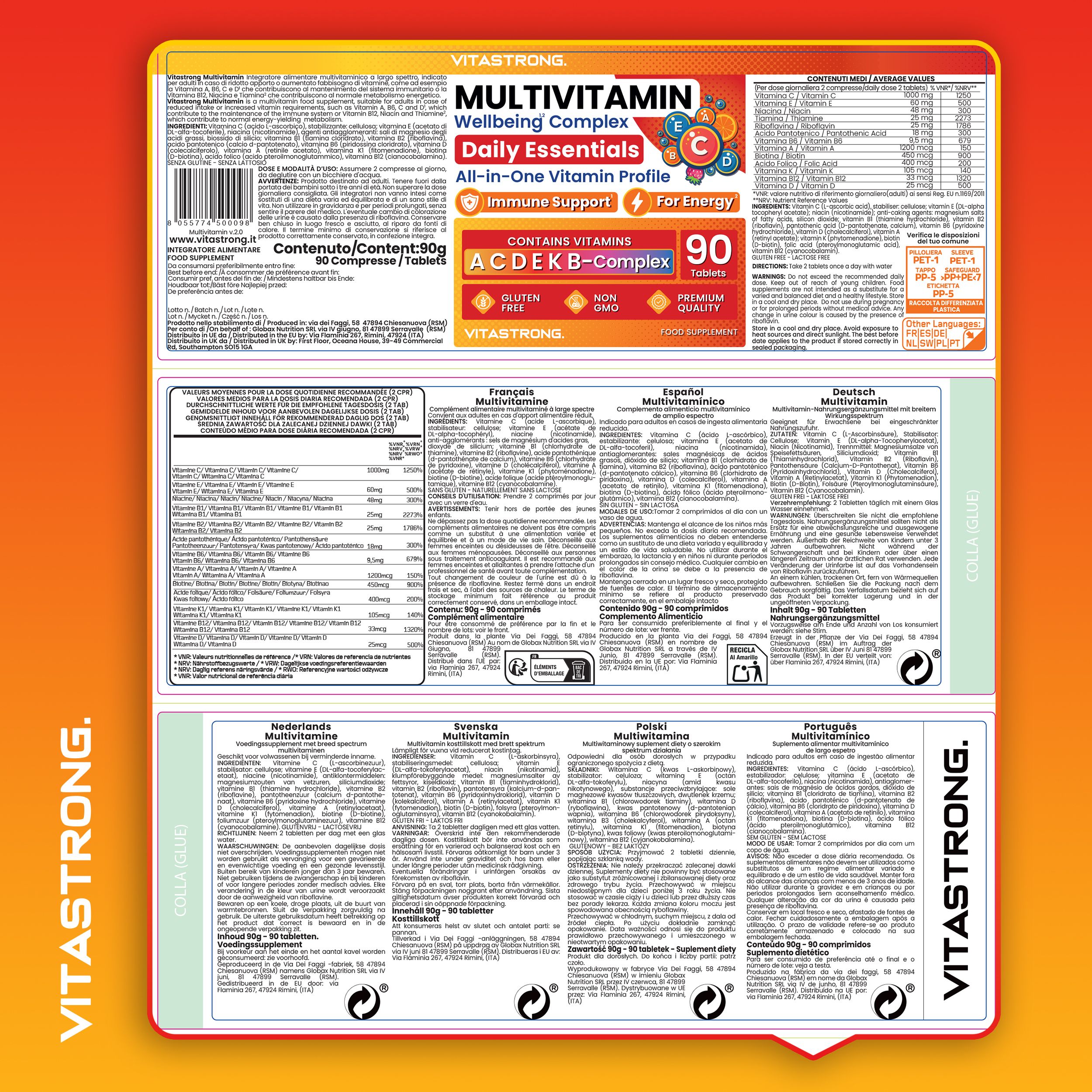 Verpackung mit Vitastrong Multivitamin. Enthält 90 Tabletten. Mehrsprachige Informationen. Vitastrong-Logo.