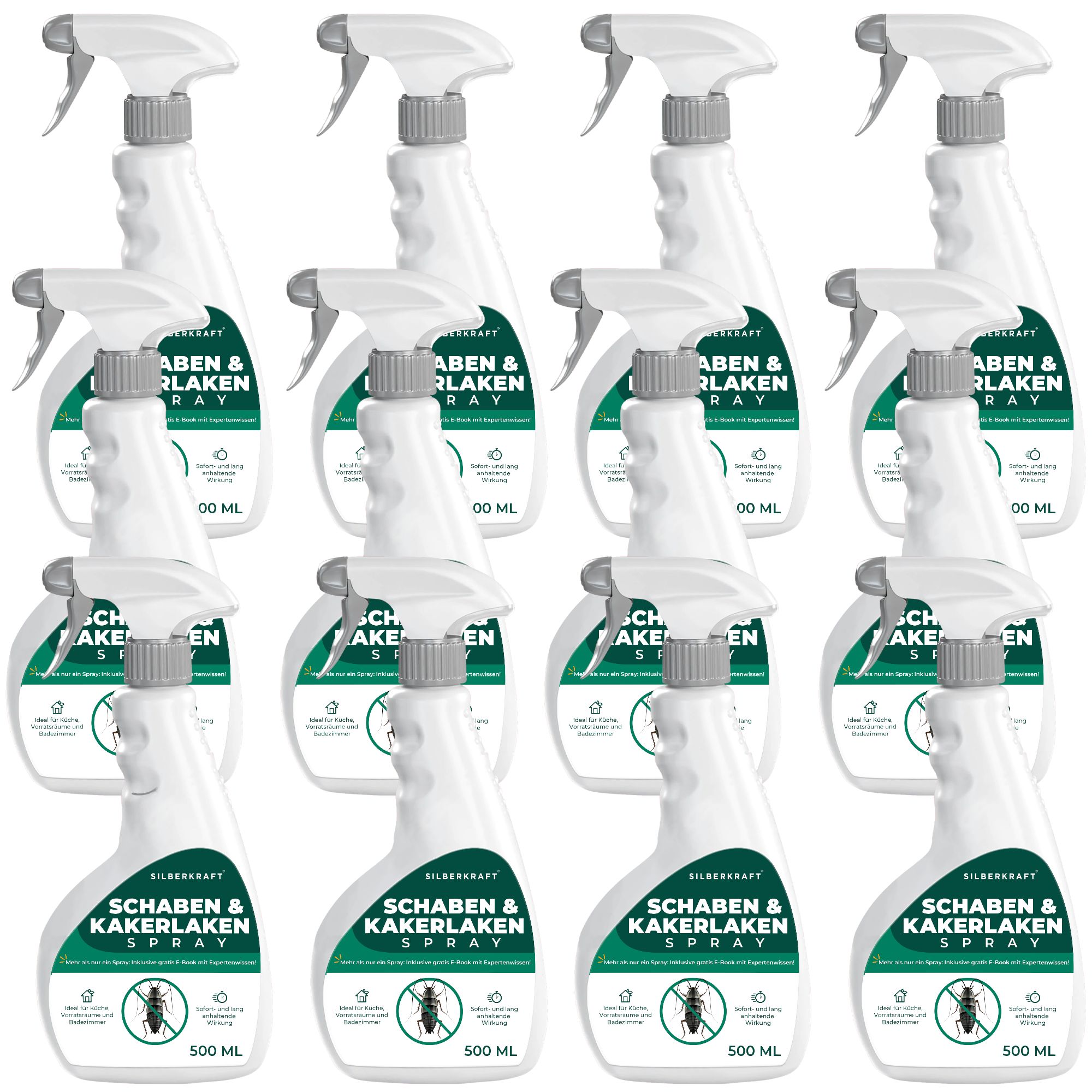Mehrere Sprayflaschen. Produkt: SILBERKRAFT Schaben & Kakerlakenspray. Weiße Flaschen mit grauem Sprühkopf.