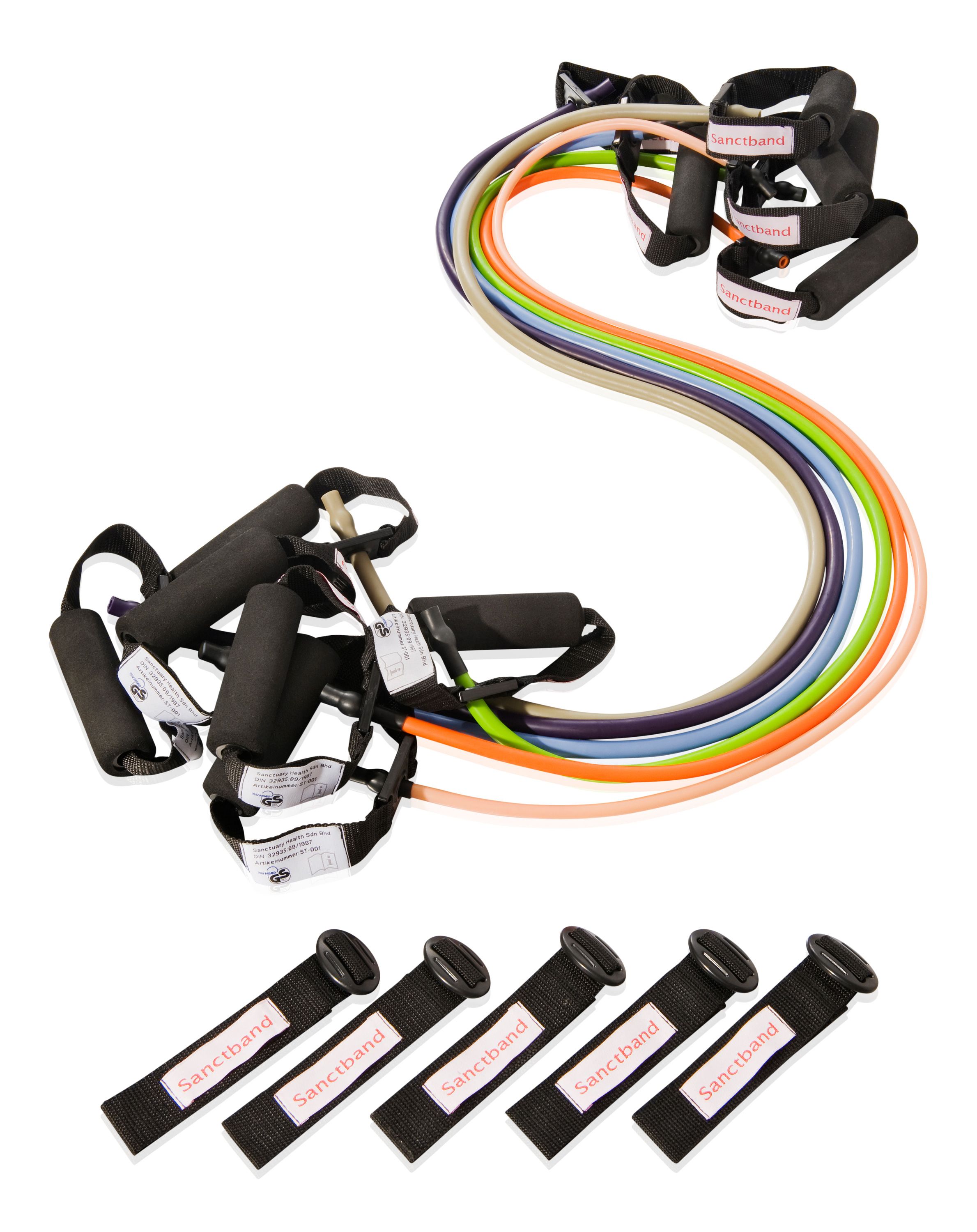 Mehrfarbige Exercise Tubing mit Griffen und Zubehör. Schwarze Griffe mit Logo.