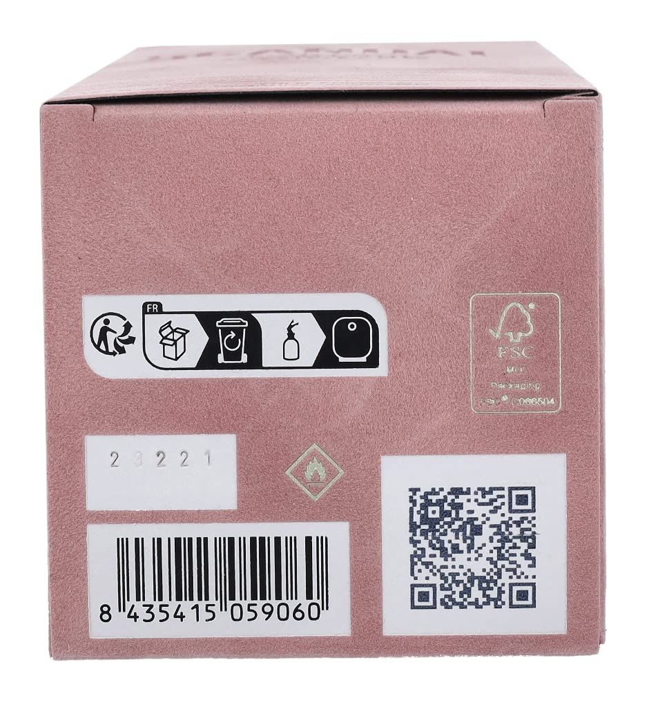 Rückseite einer rosa Schachtel. Symbole für Recycling und FSC-Zertifizierung. Barcode und QR-Code.