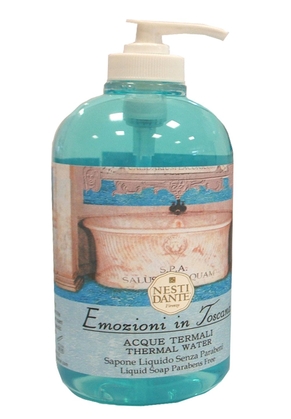 Flüssigseife in einer transparenten Flasche mit Dosierpumpe. Aufschrift: Thermal Water, Nesti Dante.