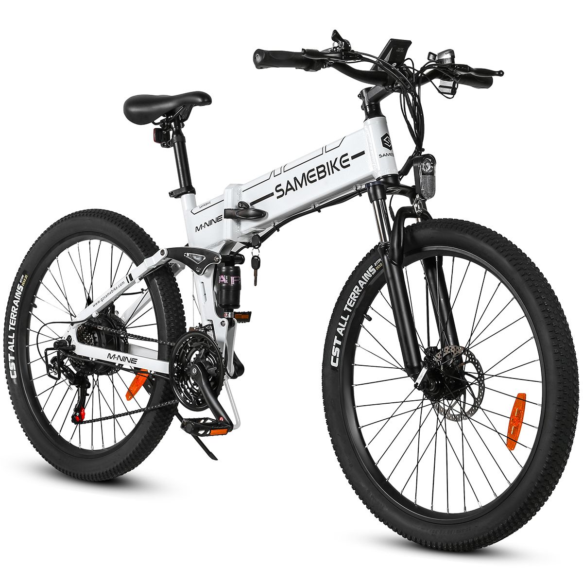 Faltbares E-Bike, weiß mit schwarzen Reifen. Marke SAMEBIKE. Schwarzer Sattel, Pedale und Lenker. CST ALL TERRAINS Reifen.