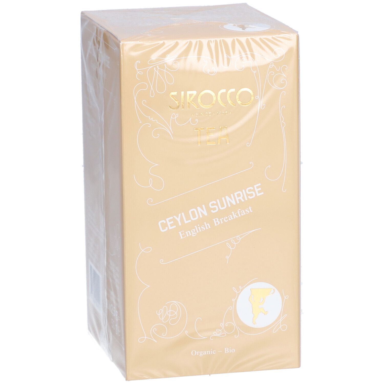 Tee-Verpackung, goldfarben. Produktname und Logo deutlich sichtbar. 'Organic - Bio' Kennzeichnung.