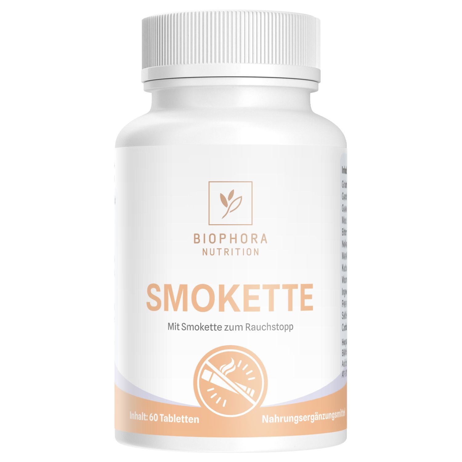 Weiße Tablettenflasche. Aufschrift: BIOPHORA NUTRITION, SMOKETTE, Mit Smokette zum Rauchstopp. Inhalt: 60 Tabletten.
