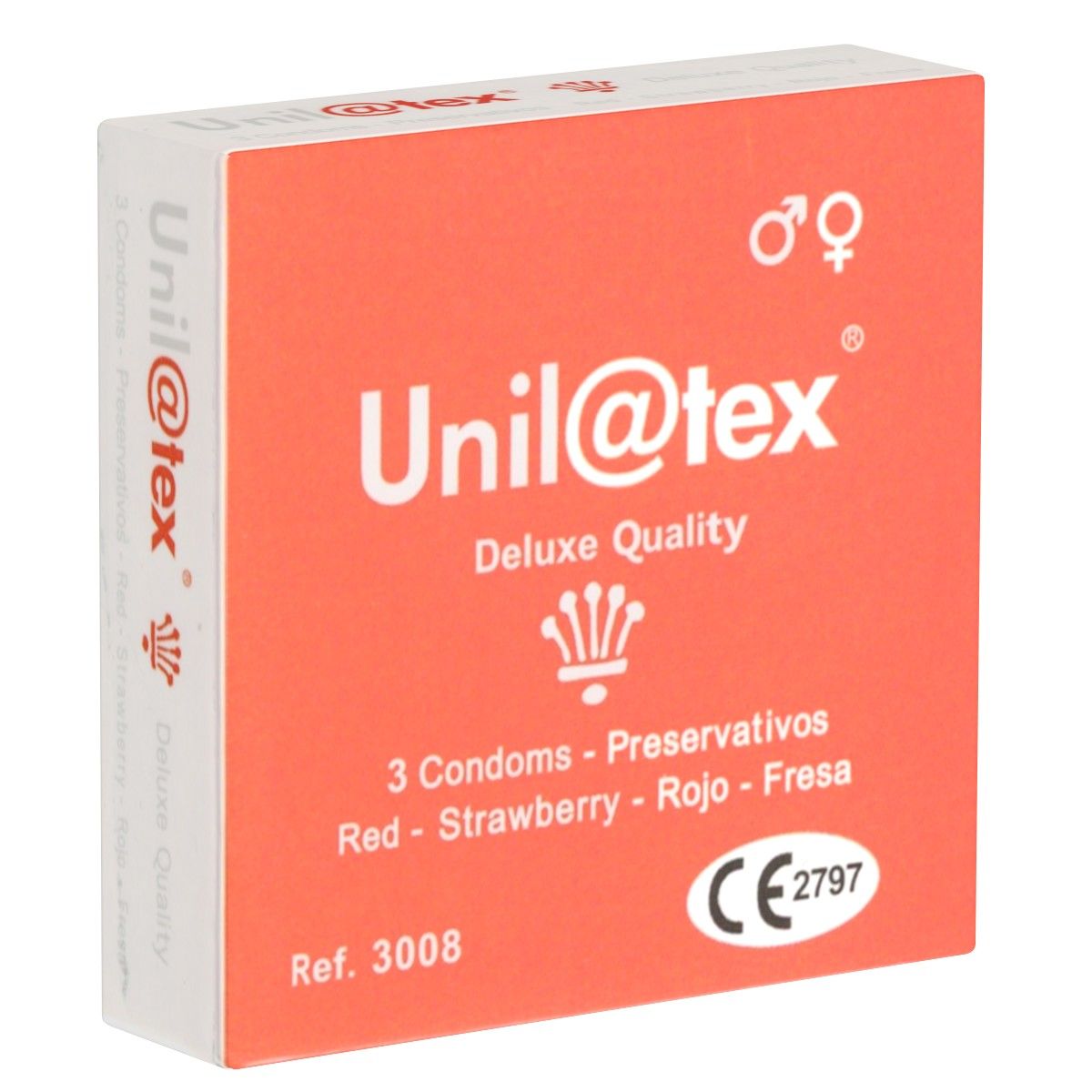 Rote Schachtel mit "Unil@tex"-Logo. Enthält 3 Kondome mit Erdbeeraroma. CE-Kennzeichnung. Referenznummer 3008.