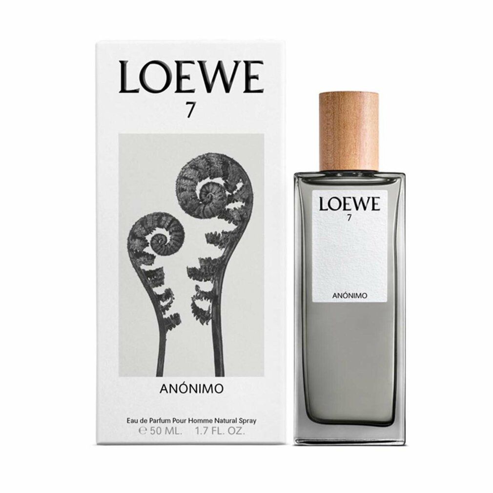 Flakon und Verpackung. Flakon mit Holzdeckel, Etikett "LOEWE 7 ANONIMO". Verpackung mit Farn-Illustration und Text.