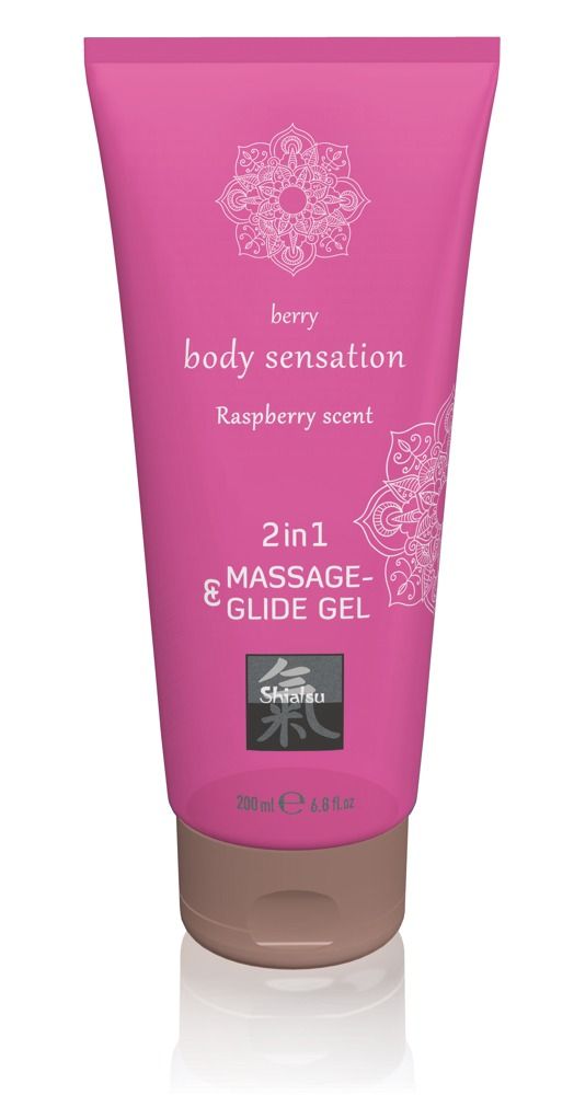 Pinkfarbene Tube mit Massage- & Gleitgel, Himbeerduft. Aufschrift: 2in1 Massage- & Glide Gel. Brauner Verschluss.