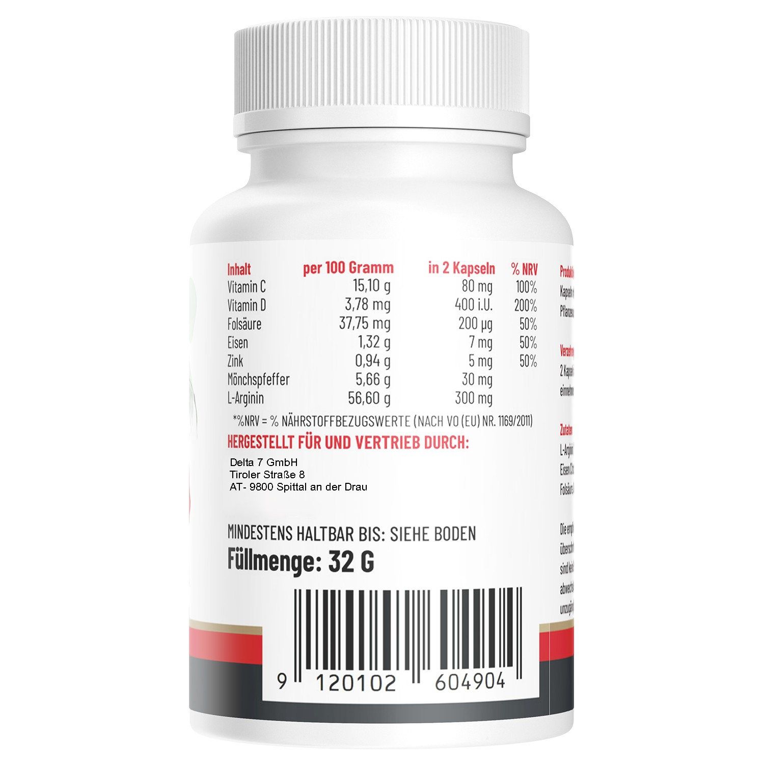 Rückseite der Flasche. Text: Nährwertangaben pro 100g und pro 2 Kapseln. Mindestens haltbar bis. Füllmenge: 32 g.