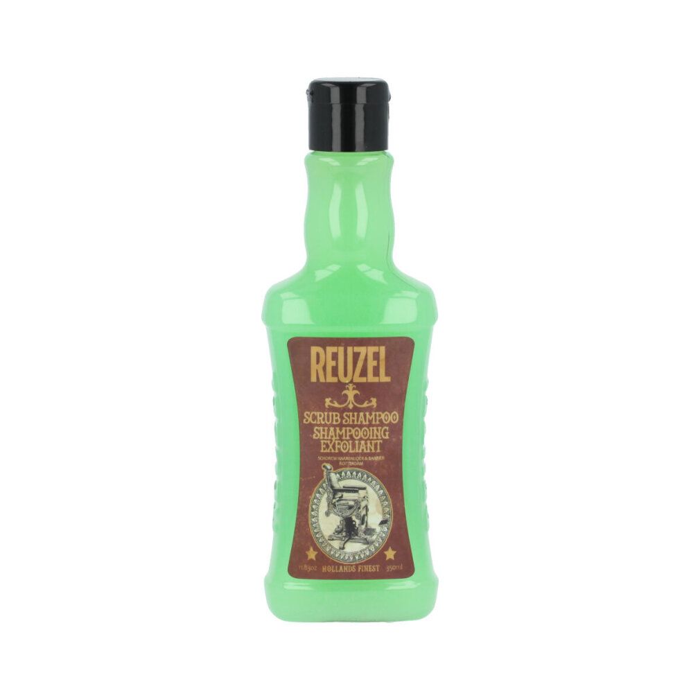 Reuzel Scrub Shampoo in einer grünen Flasche mit braunem Etikett.