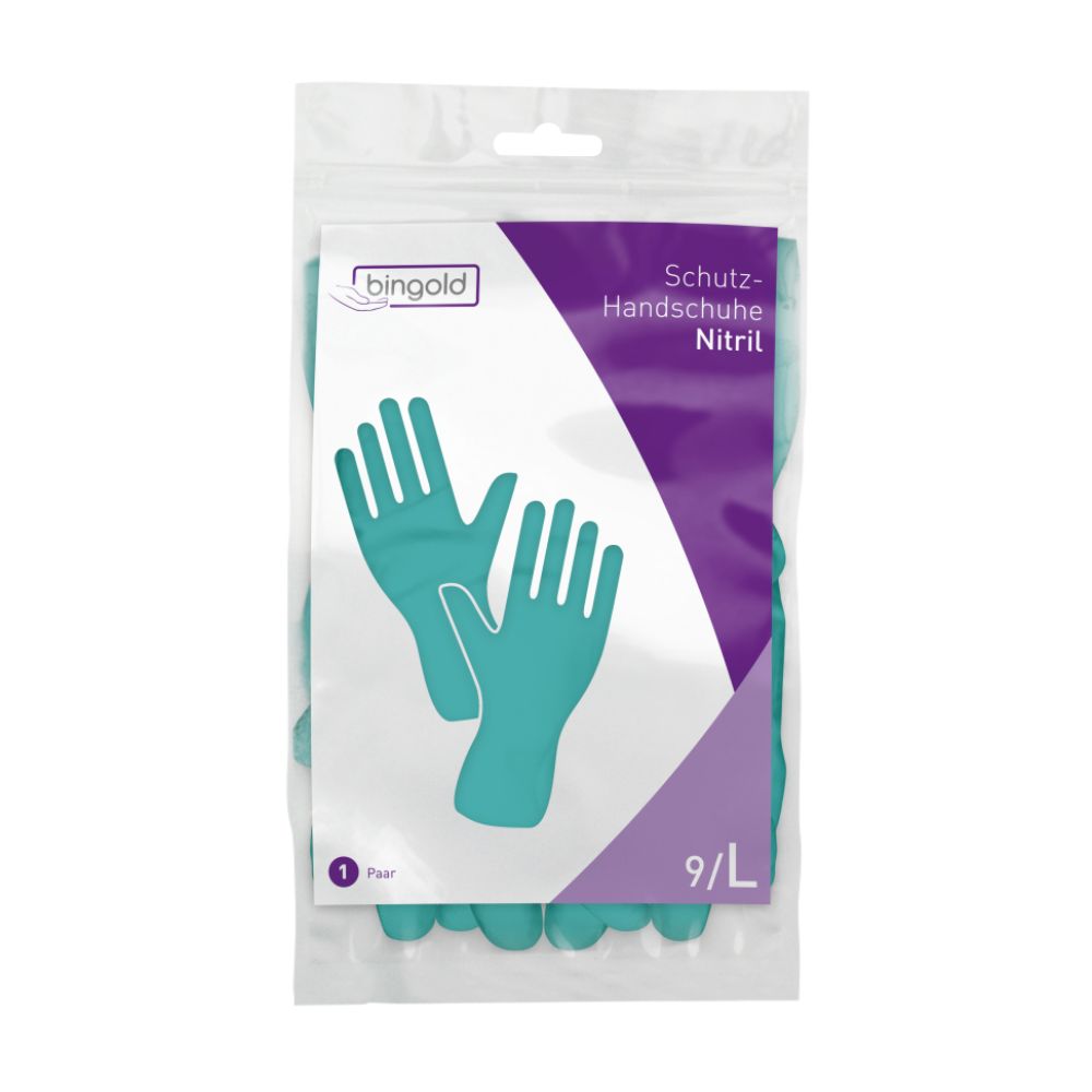 Verpackung mit grünen Nitril-Schutzhandschuhen. Marke Bingold. Aufschrift: Schutz-Handschuhe Nitril. Größe 9/L. Ein Paar.