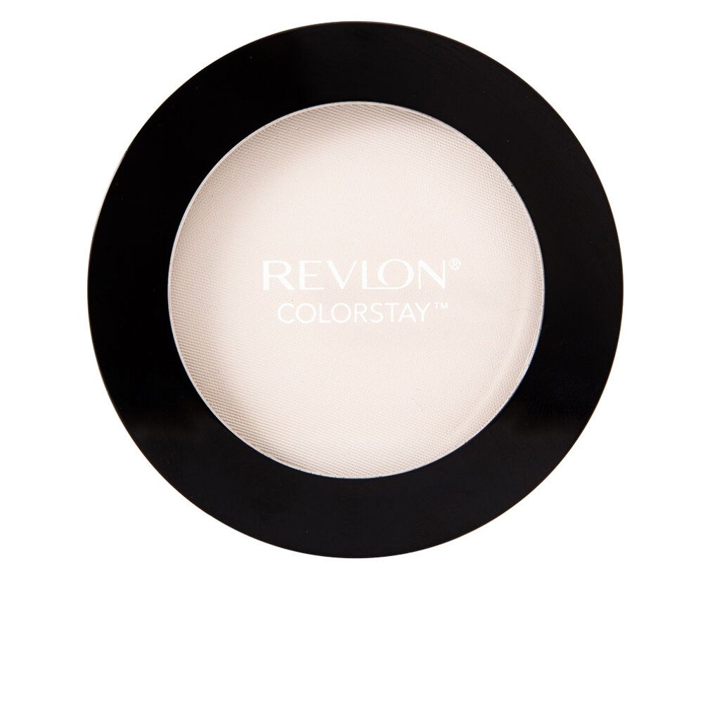 Runder, schwarzer Kompaktpuder mit weißem Puder. Auf dem Puder steht REVLON COLORSTAY. Der Puder ist in einer schwarzen Hülle.