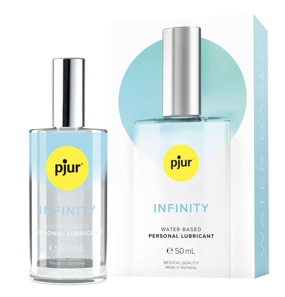 Klarflüssiges Produkt in einer Glasflasche mit silbernem Verschluss. Aufschrift: pjur, INFINITY, Wasserbasiert, 50 ml.