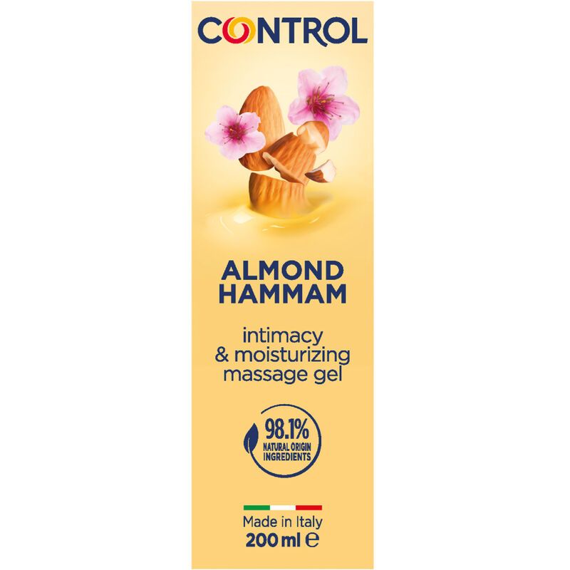 Control Almond Hammam Massagegel Flasche, Vorderseite mit Produktinformationen.