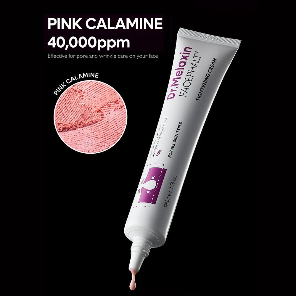 Eine Tube Dr. Melaxin Facephalt Gesichtscreme mit Nahaufnahme von Pink Calamine 40.000 ppm.