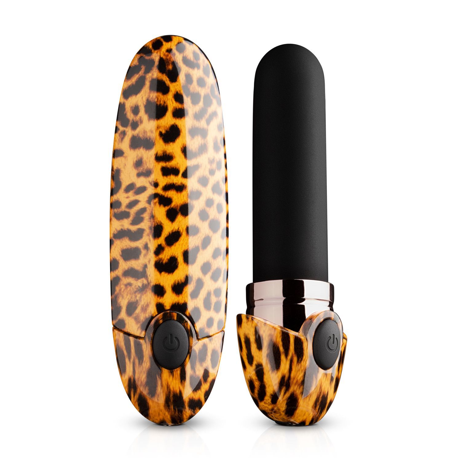 Vibrator mit Leopardenmuster und schwarzem Kopf. Bedienknöpfe. Inklusive Hülle.