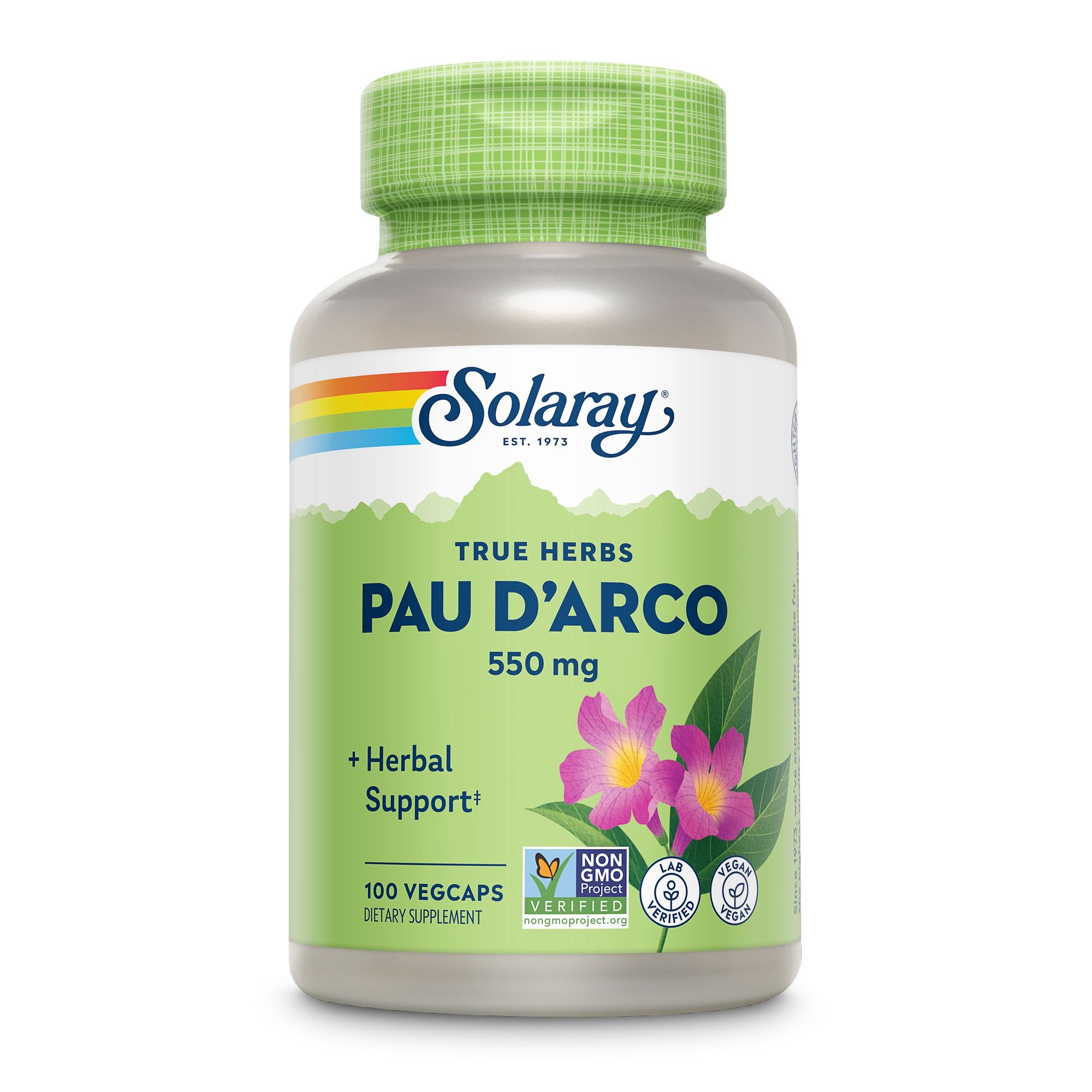 Solaray Pau D'Arco-Kapseln. Flasche mit grünem Deckel, Regenbogen-Logo. 100 Vegcaps, 550 mg. Mit Zertifizierungen.