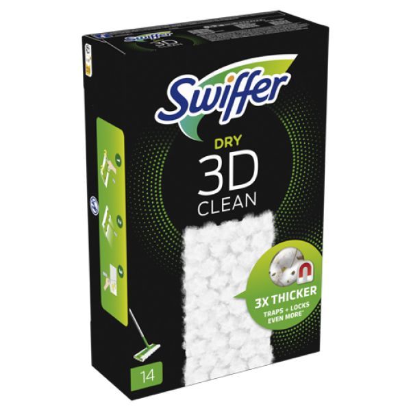 Schwarze Verpackung mit weißem Produkt. "Swiffer Dry 3D Clean"-Logo. 14 Tücher. 3x dicker, fängt mehr ein.