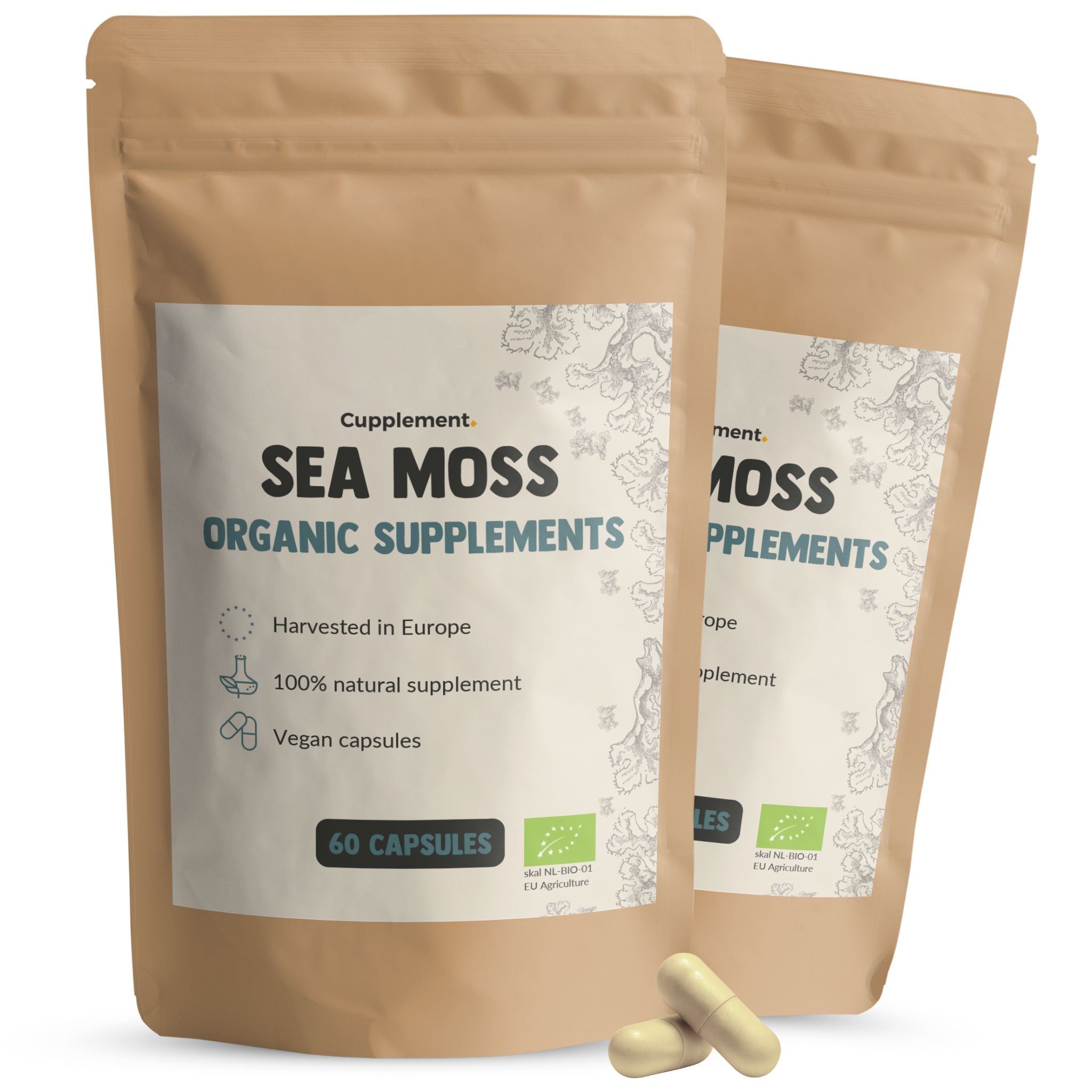 Zwei Beutel mit Sea Moss-Kapseln. Aufschrift: Sea Moss Organic Supplements. 60 Kapseln. Bio-Siegel.