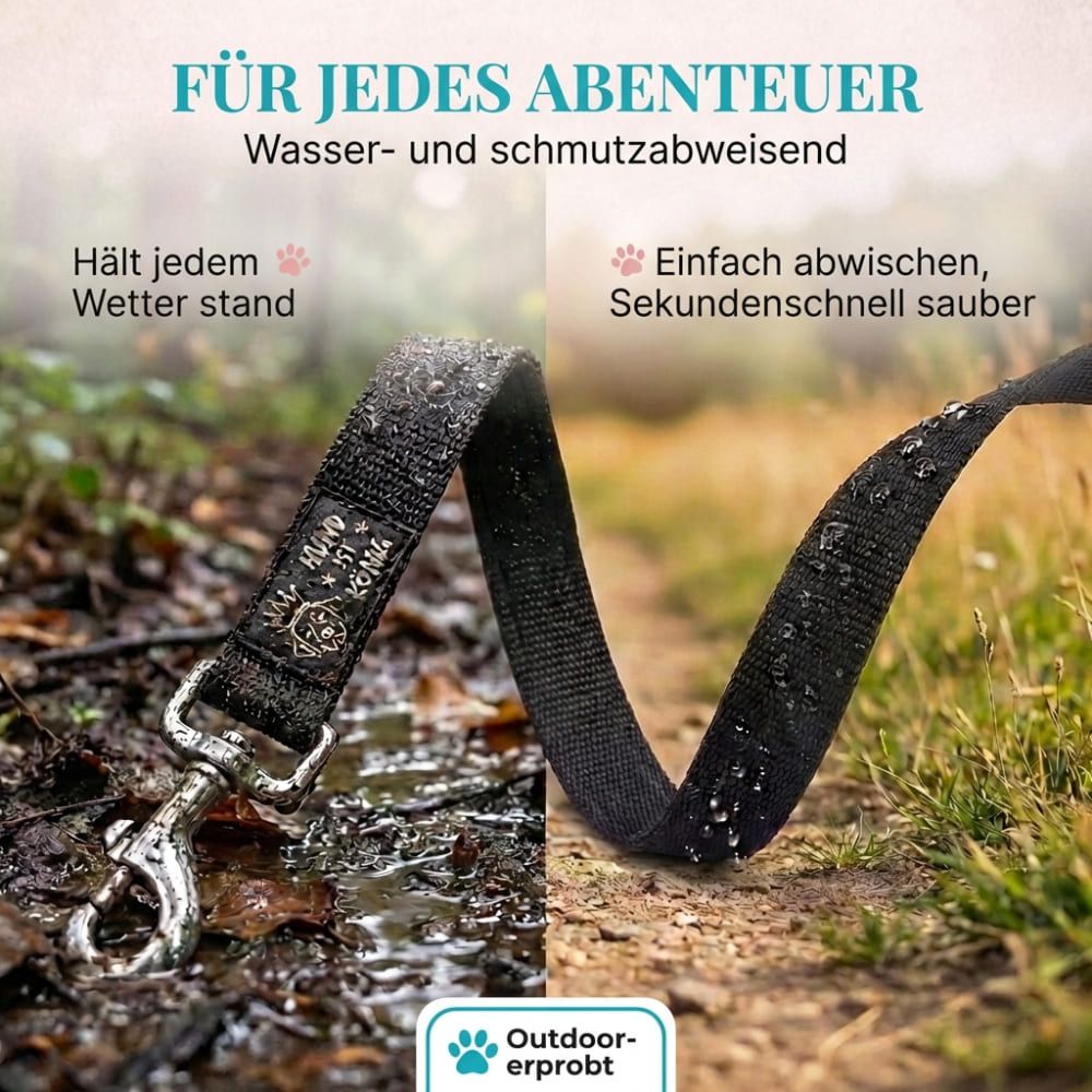 Schwarze Schleppleine mit Wasser abweisender Oberfläche. Text: "Für jedes Abenteuer". Outdoor-erprobt. Wasser- und schmutzabweisend.