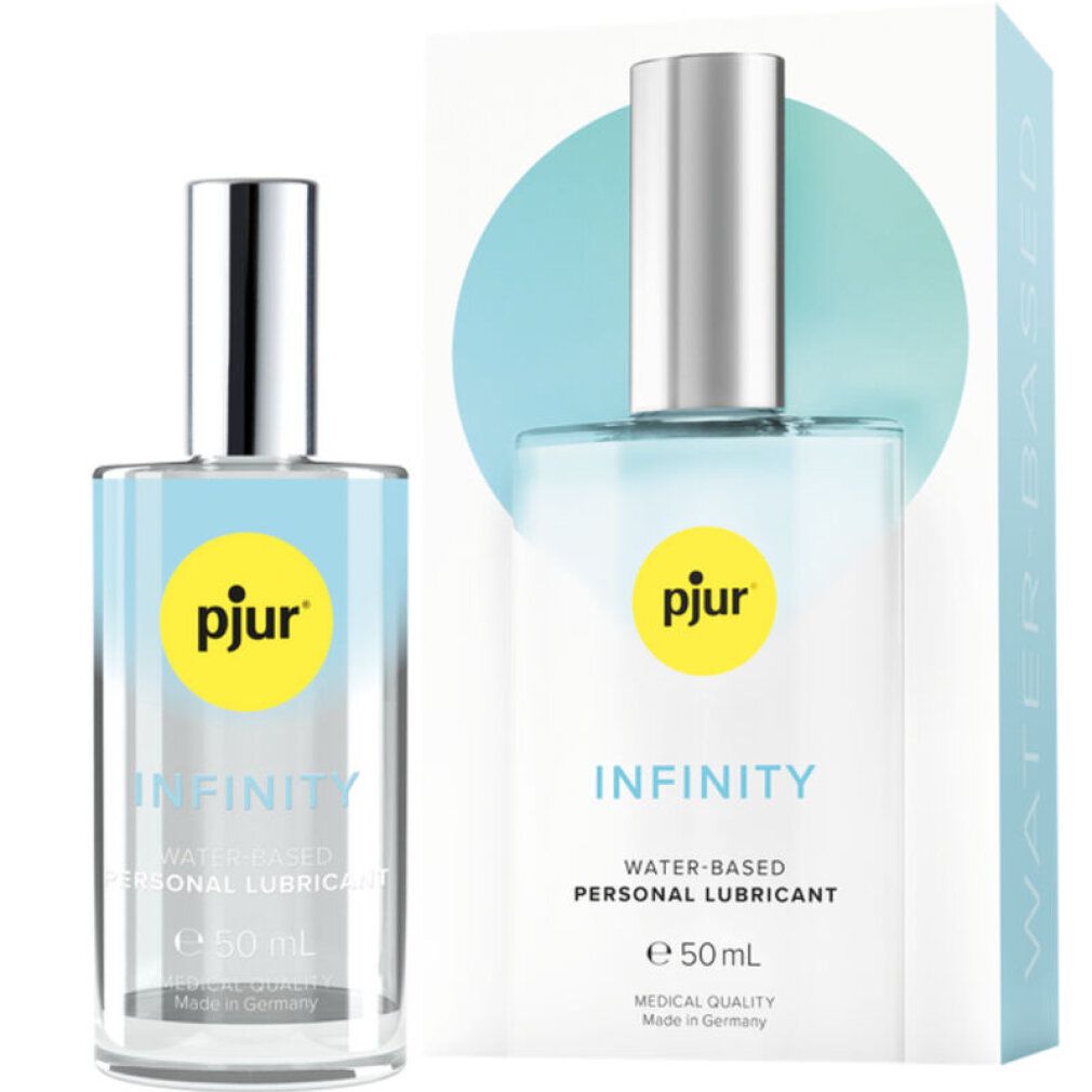 Klarflüssiges Produkt in einer Glasflasche mit silbernem Verschluss. Aufschrift "pjur Infinity". Verpackung mit Produktabbildung.