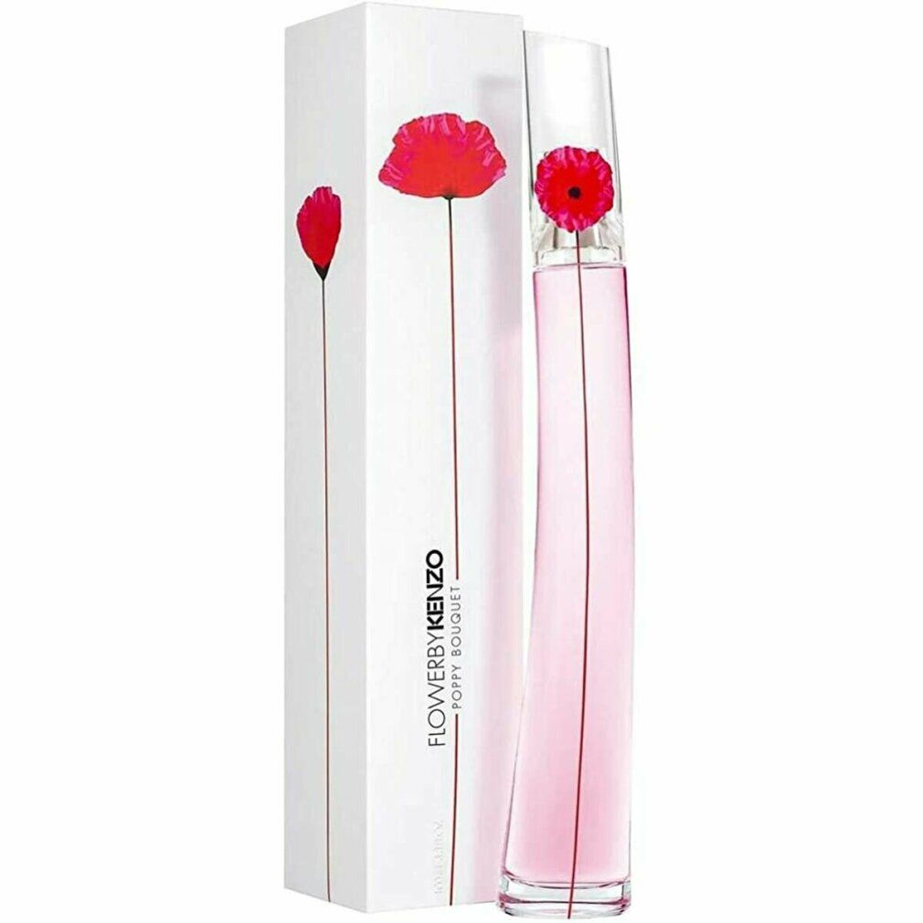Produktverpackung und Flakon. Verpackung mit Mohnblumen-Illustrationen. Flakon mit roter Blüte. Schriftzug: FLOWERS BY KENZO.