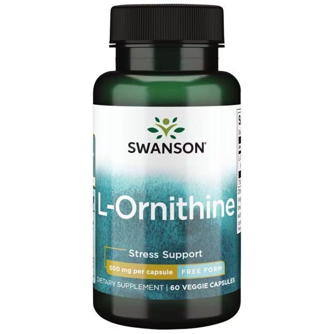 Grüne Flasche mit schwarzem Deckel. Aufschrift: SWANSON L-Ornithin, 500 mg pro Kapsel. 60 Veggie-Kapseln. Stressunterstützung.