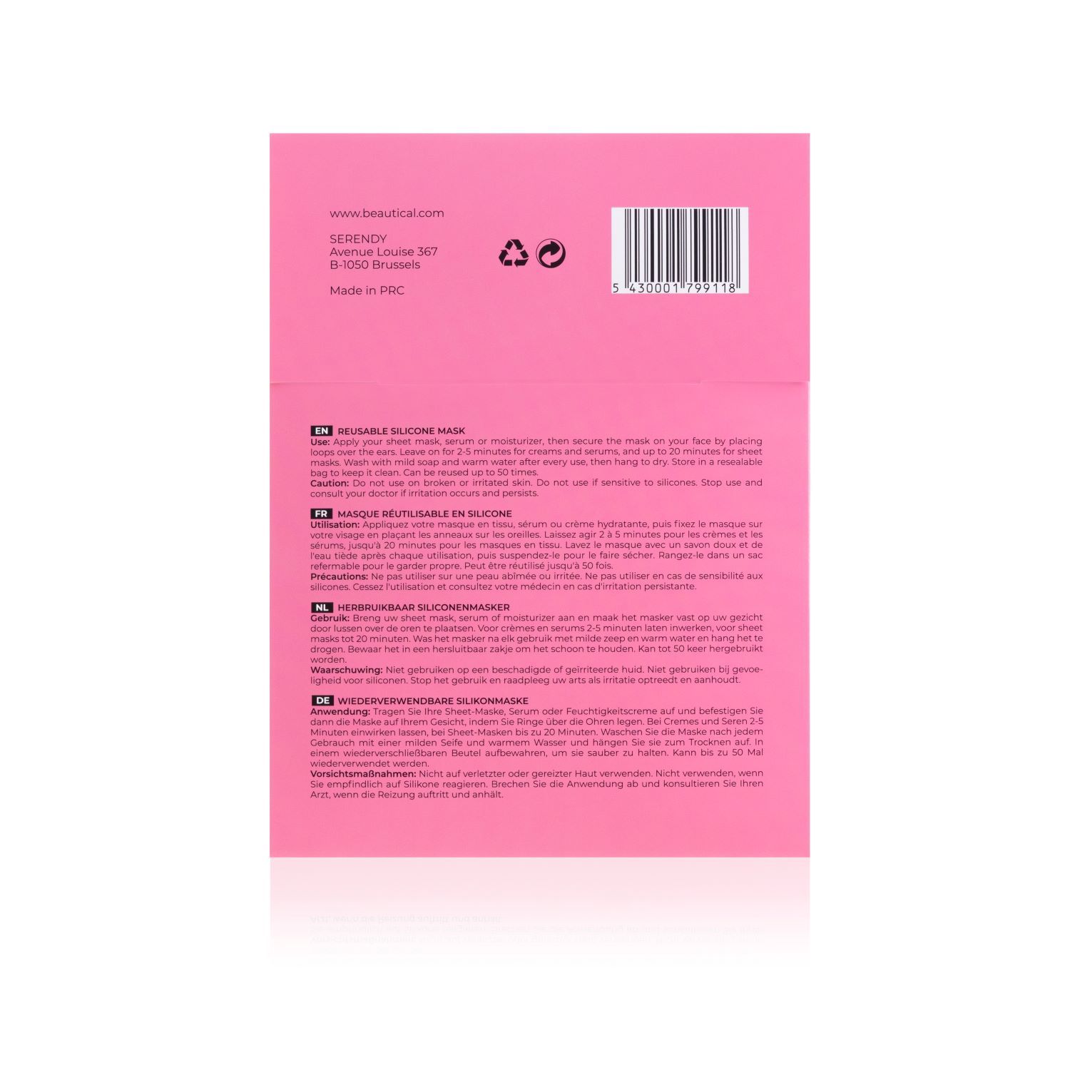 Rückseite der rosa Verpackung. Text: REUSABLE SILICONE MASK. Gebrauchsanweisung in mehreren Sprachen, Barcode, Logo.