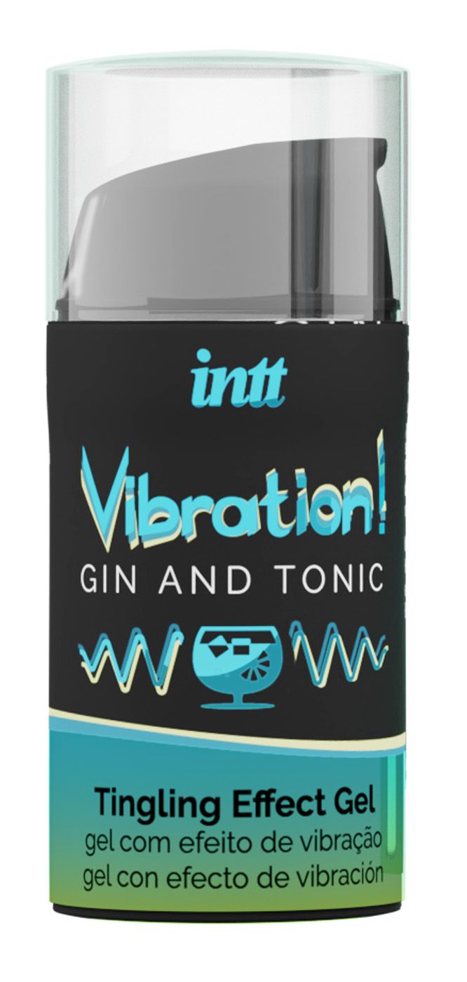 Gel-Flasche mit schwarzem Etikett. Aufschrift: Vibration! Gin & Tonic. Türkis-grüne Schrift. Transparenter Deckel.