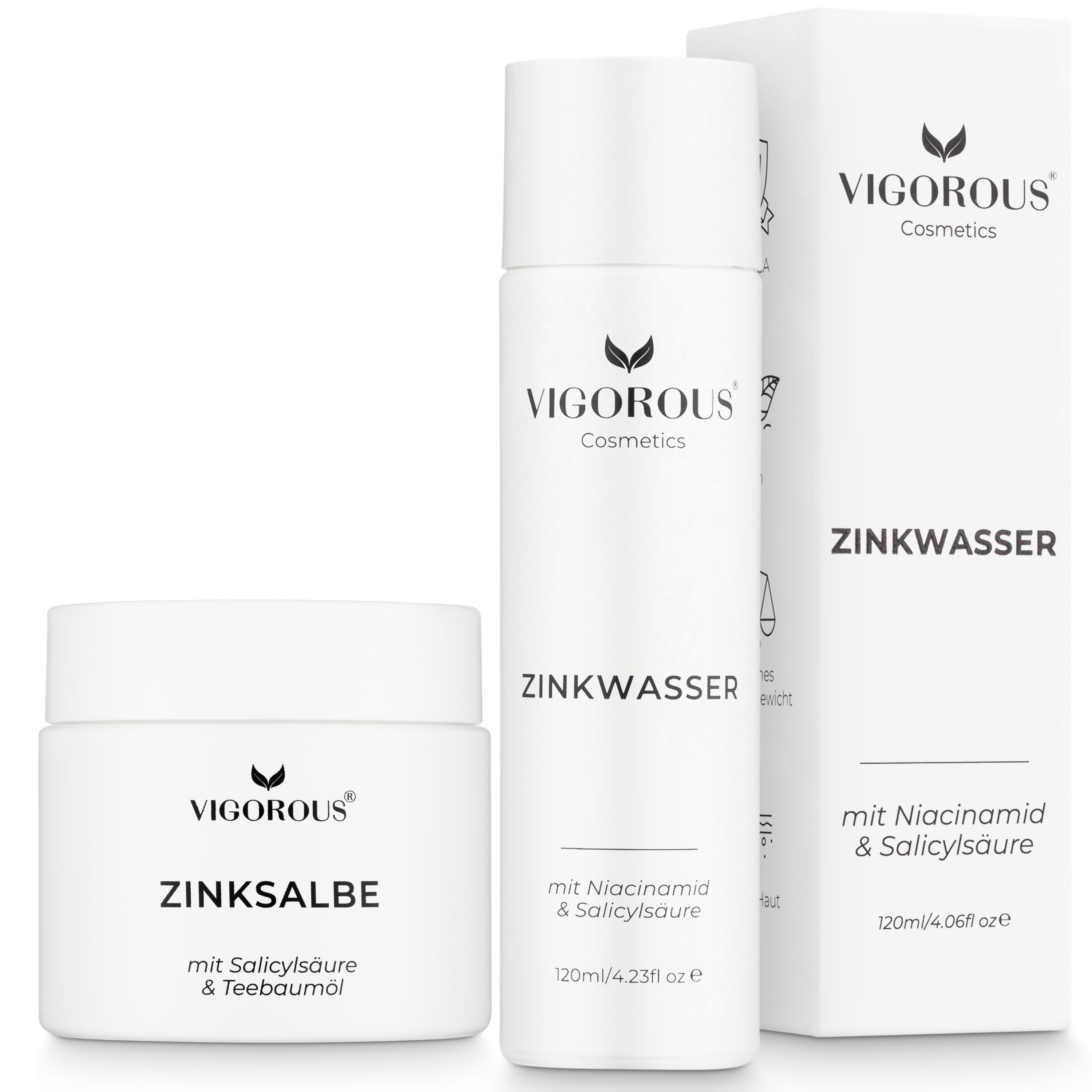 Zinksalbe und Zinkwasser. Weiße Flaschen und Tiegel mit Produktnamen und Inhaltsstoffen. Verpackung mit Logo.