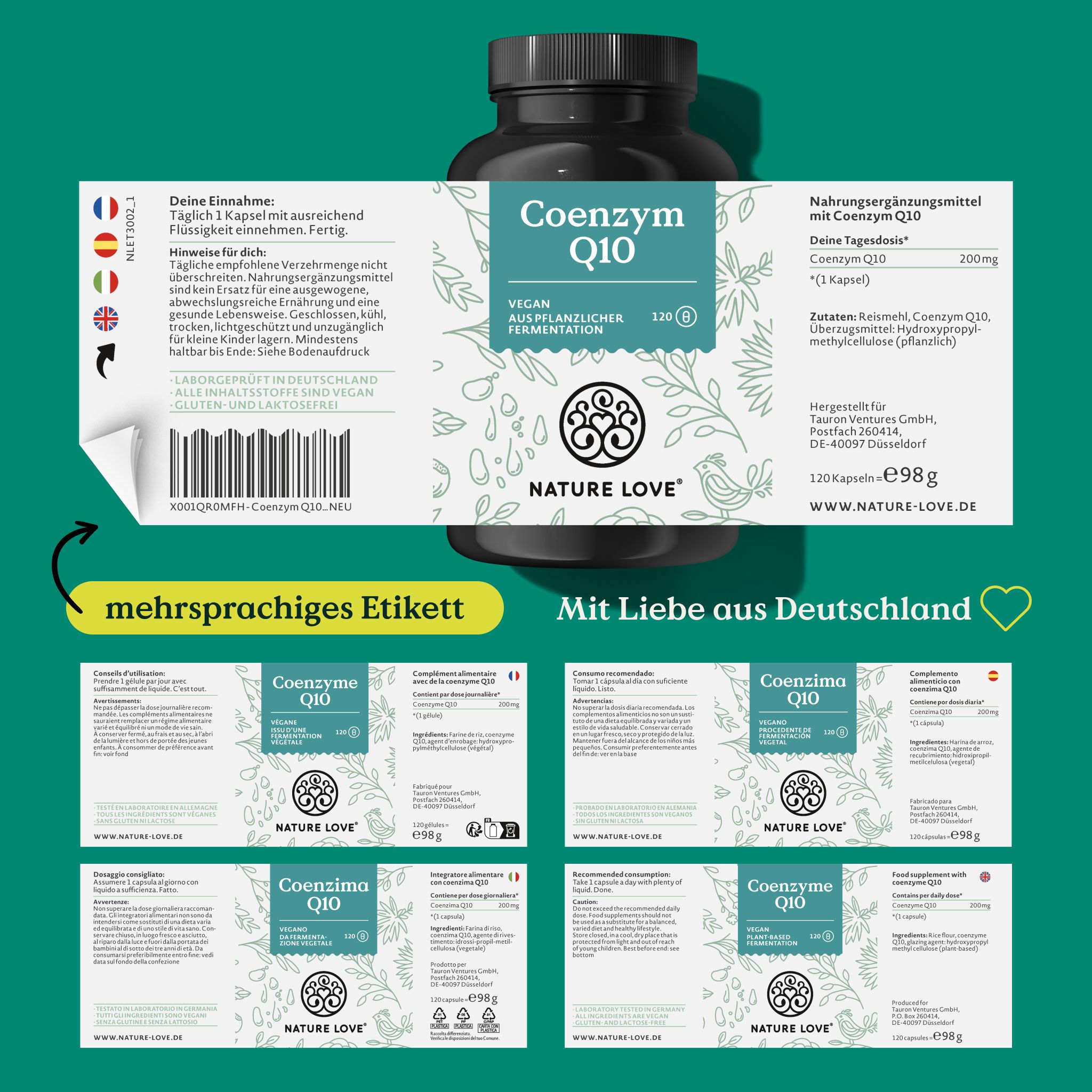 Produktetikett mit mehrsprachigen Informationen. Enthält Angaben zu Inhaltsstoffen, Dosierung und Hersteller. Marke: NATURE LOVE®. Mit Liebe aus Deutschland.