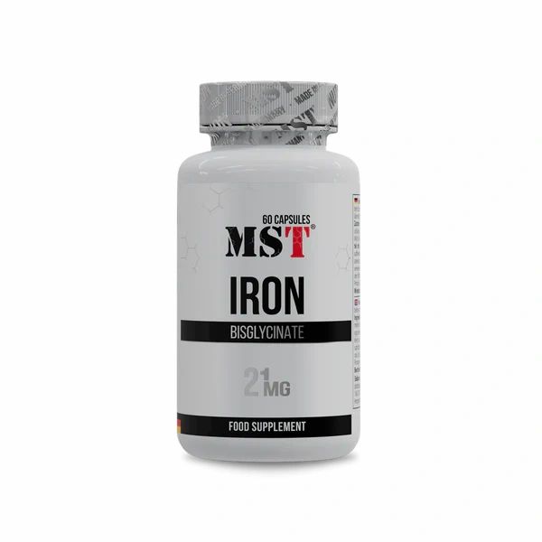 Weiße Flasche mit MST Iron Bisglycinate. 60 Kapseln, 21mg Eisen. Nahrungsergänzungsmittel.