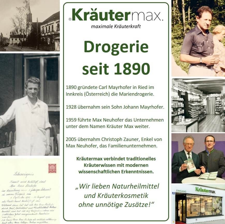 Collage mit Kräutermax-Logo und Text. Drogerie seit 1890. Historische Bilder und Text über die Firmengeschichte.