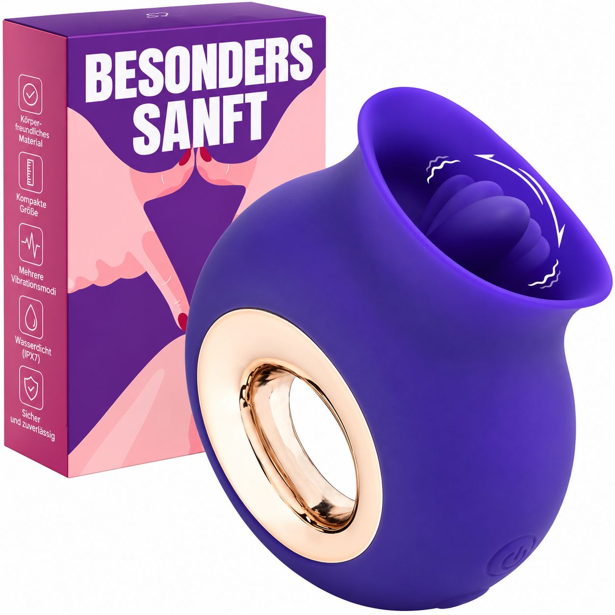 Lila Vibrator mit der Aufschrift 'BESONDERS SANFT', 9,5 cm lang, 3,4 cm breit.