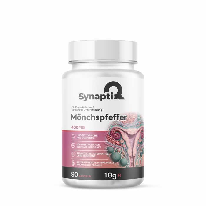Weißes Pillenfläschchen mit Etikett. Aufschrift: SynaptiQ Mönchspfeffer, 400mg, 90 Kapseln. Illustration des weiblichen Fortpflanzungssystems.