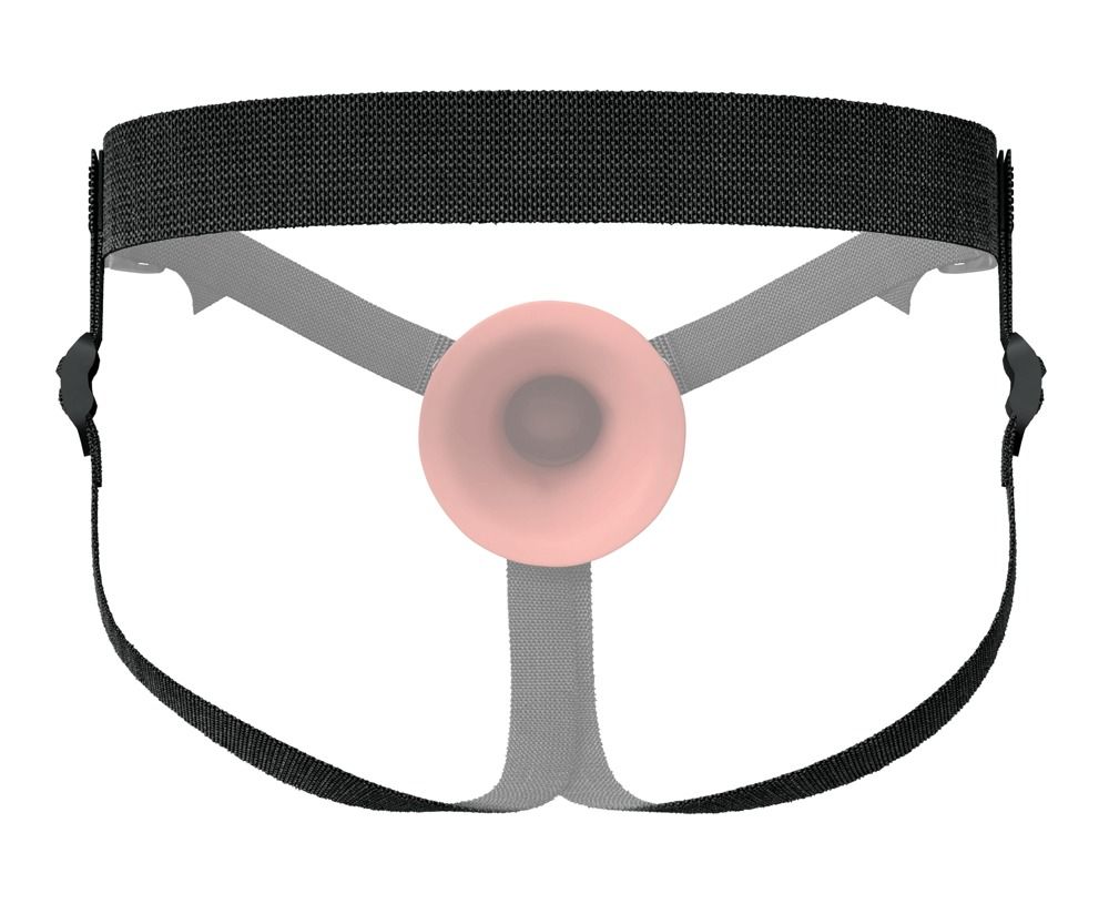 Umschnallriemen mit Halterung für eine Penishülle. Der Riemen ist schwarz und hat eine runde Halterung in Hautfarbe.
