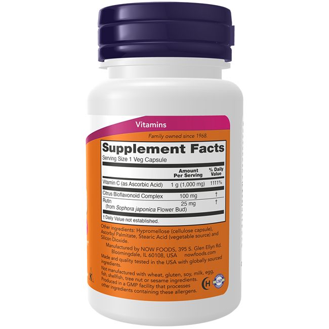 Weiße Flasche mit lila Deckel. Etikett mit Inhaltsstoffen: Vitamin C, Citrus Bioflavonoid Complex, Rutin. Text: NOW FOODS.