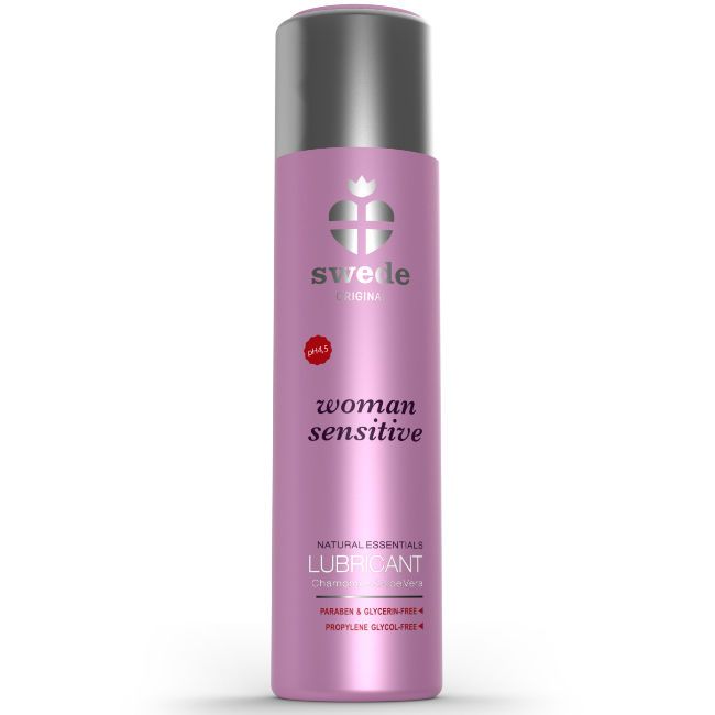 Rosa Flasche mit silbernem Deckel. Aufschrift: Swede, woman sensitive, Lubricant. Enthält Aloe Vera.