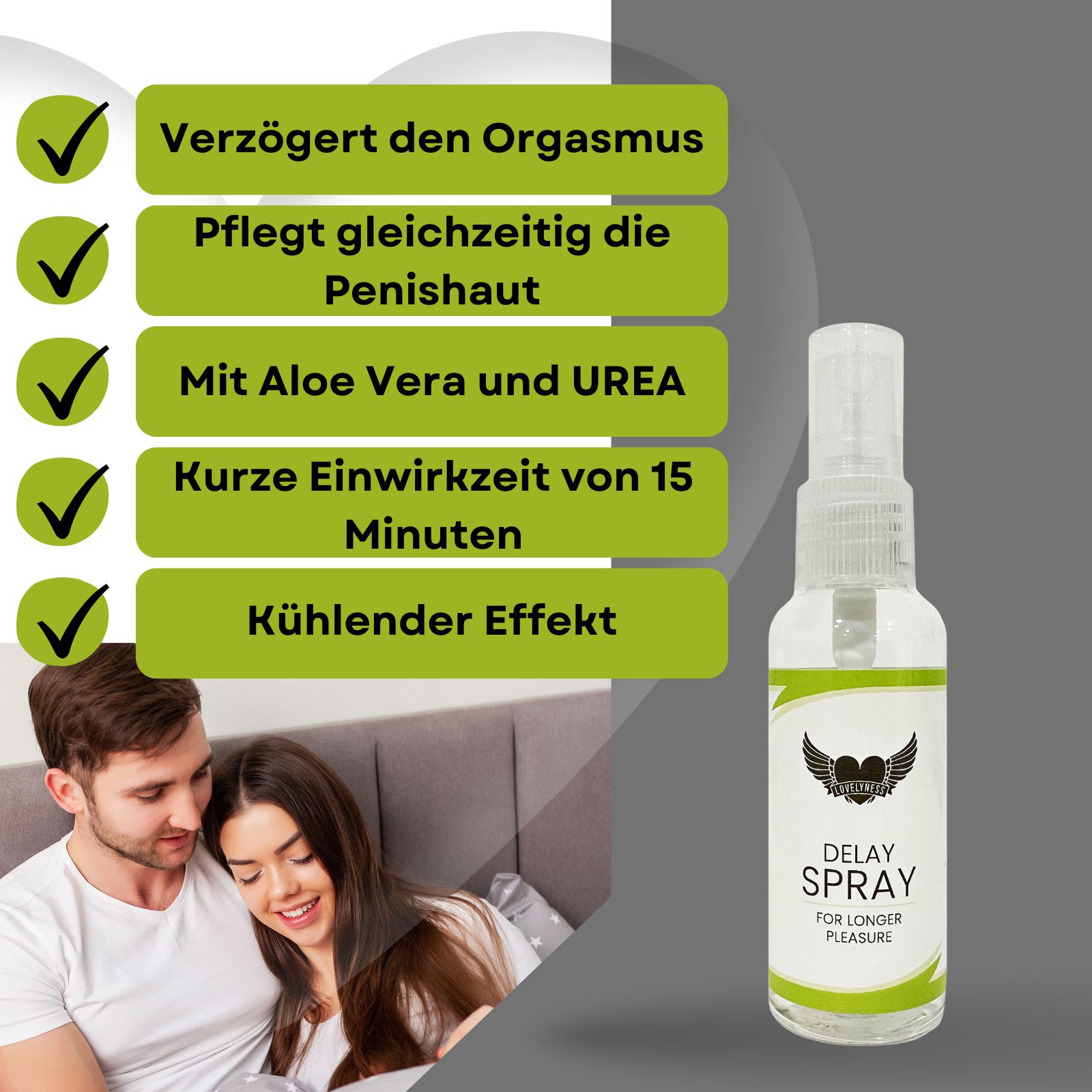 Sprayflasche mit Text: Delay Spray. Aufschrift: For longer pleasure. Banane mit Kondom.