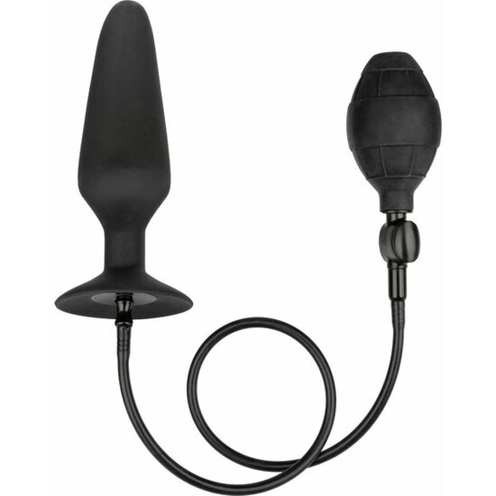 Schwarzer, aufblasbarer Silikon-Plug mit Pumpe. Besteht aus Plug, Basis und Pumpe mit Schlauch.