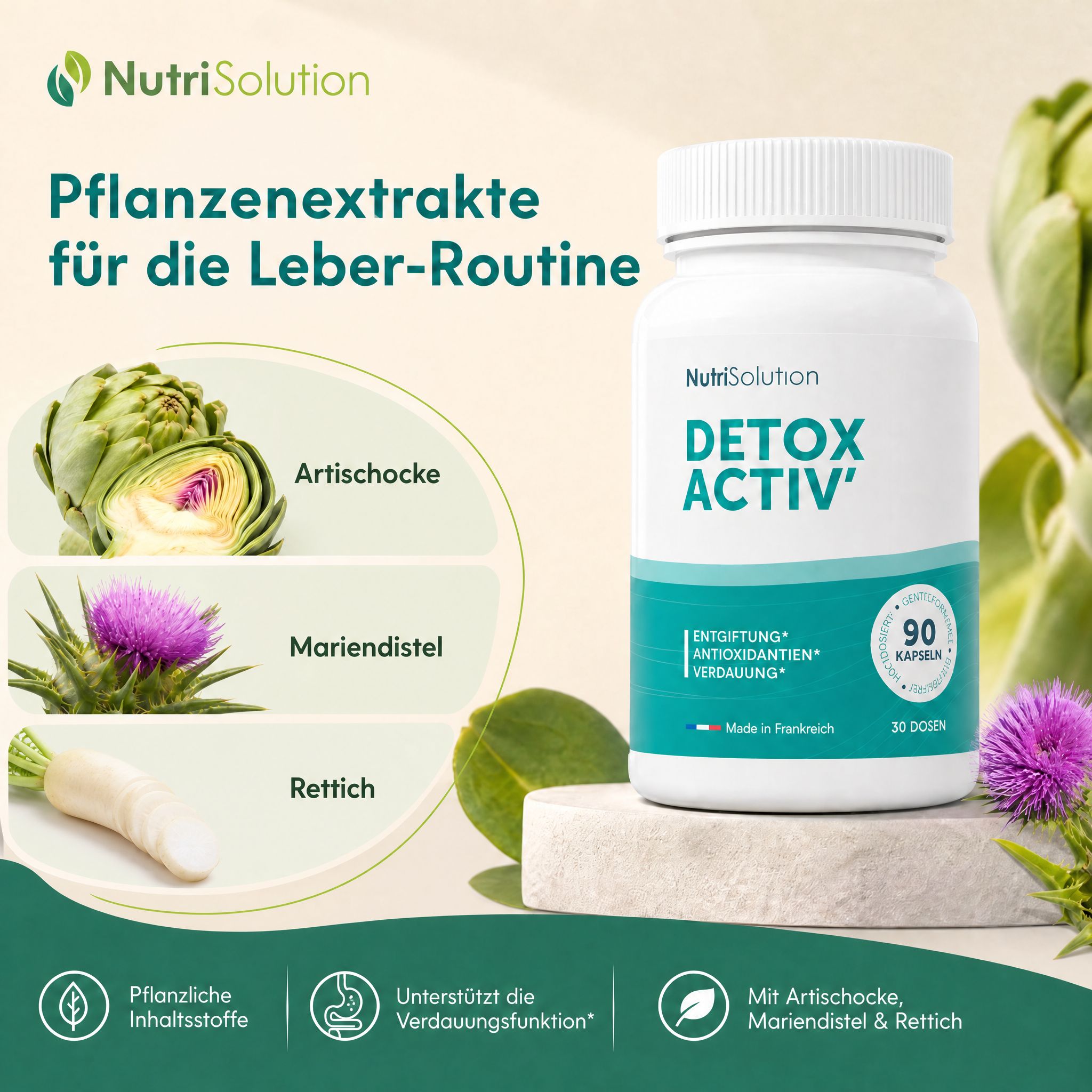 NutriSolution Detox Activ: Pflanzenextrakte für die Leber-Routine. Mit Artischocke, Mariendistel & Rettich.