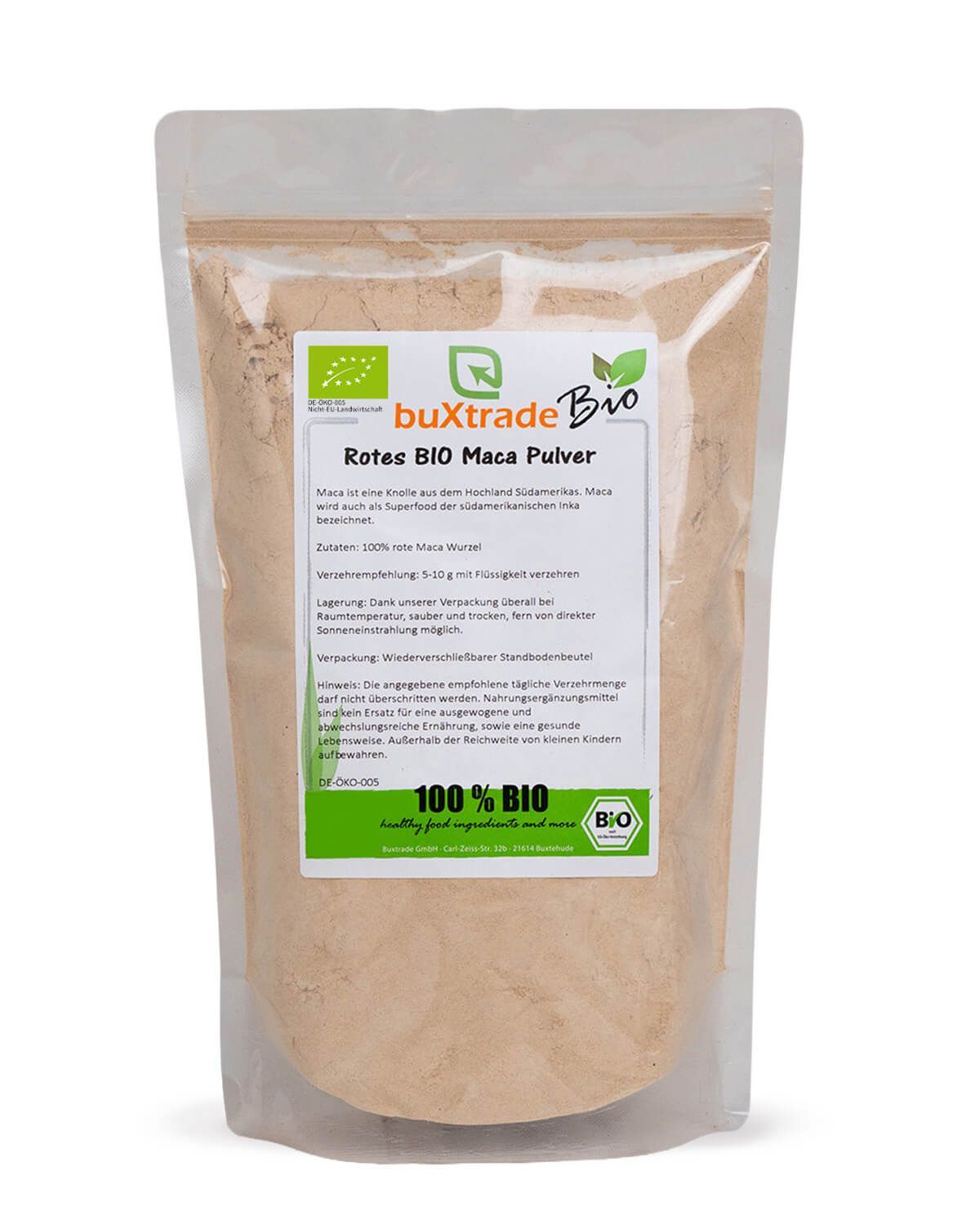 Bio Maca Pulver in einem Standbodenbeutel mit Etikett, das Bio-Siegel und Produktinformationen zeigt.