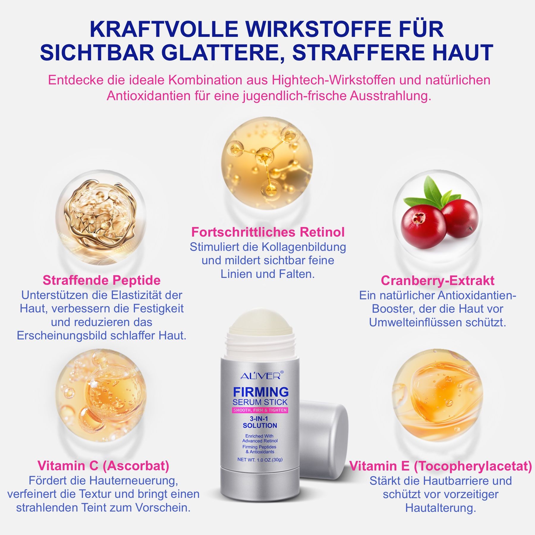 ALIVER Firming Serum Stick und Inhaltsstoffe: Retinol, Peptide, Cranberry-Extrakt, Vitamin C und E. Produkt in der Mitte.